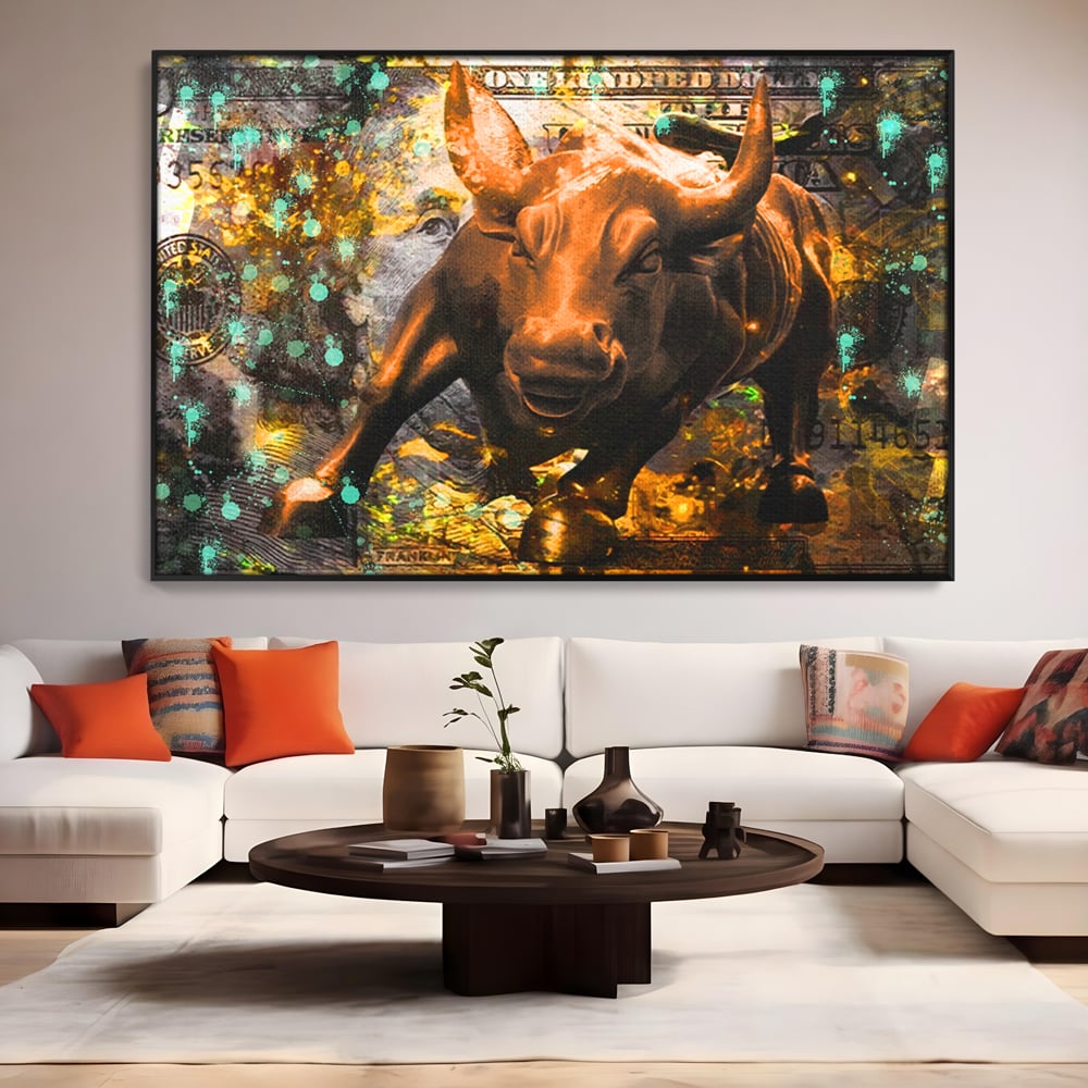 Tablou Canvas Premium LuxCanva® B1096, Dollar Bull , Birou, Taur, Bancnota, Dolar, Bar, Culori Vibrante