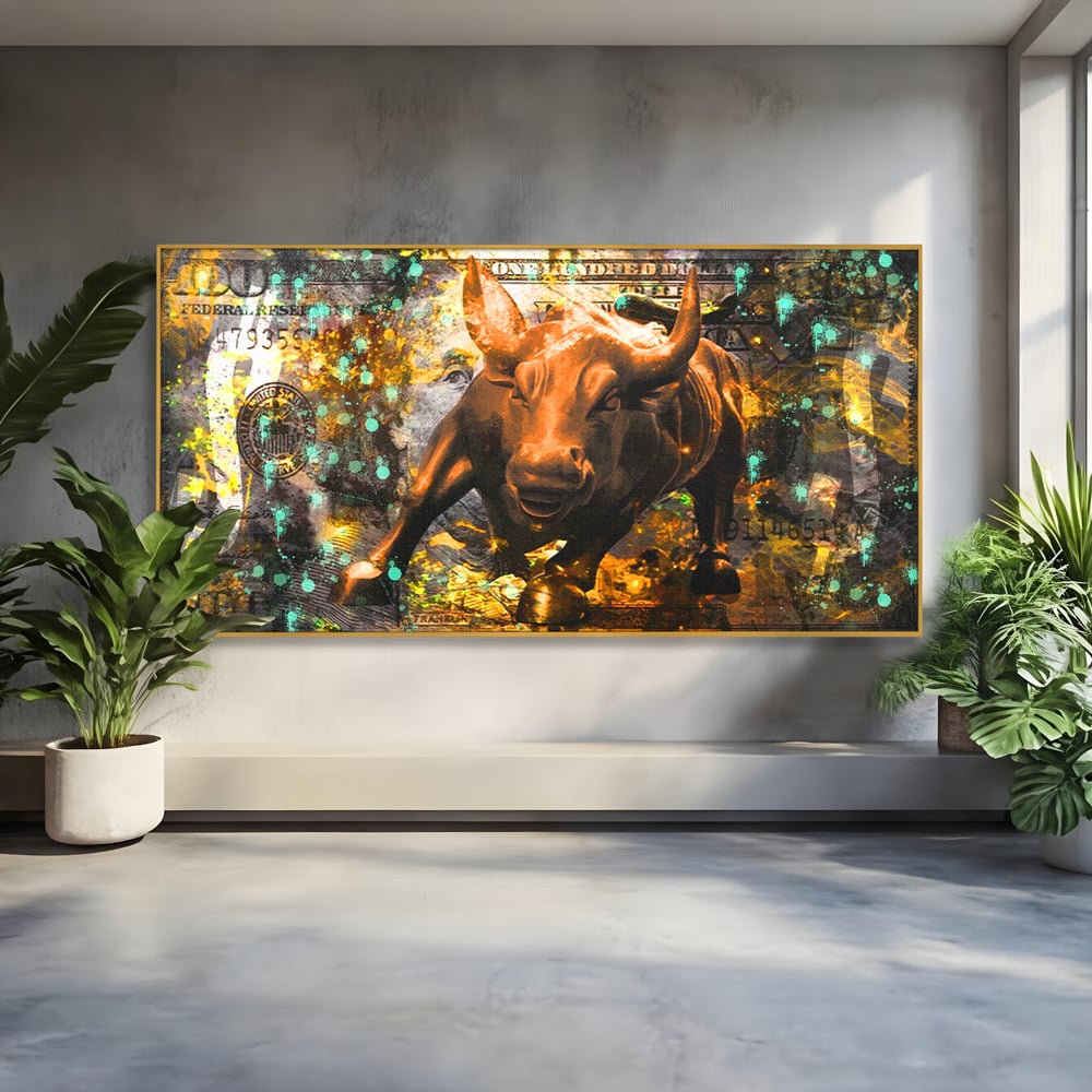 Tablou Canvas Premium LuxCanva® B1096, Dollar Bull , Birou, Taur, Bancnota, Dolar, Bar, Culori Vibrante