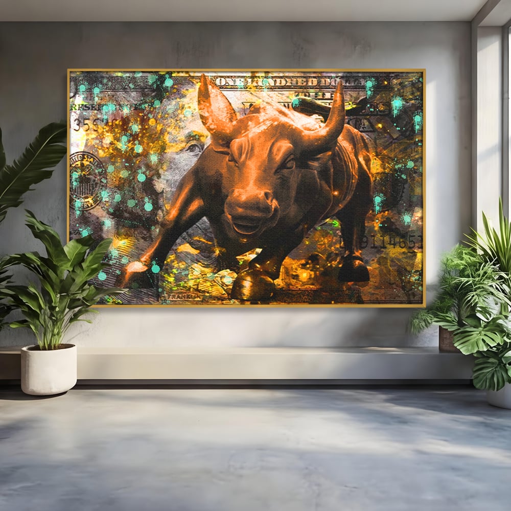 Tablou Canvas Premium LuxCanva® B1096, Dollar Bull , Birou, Taur, Bancnota, Dolar, Bar, Culori Vibrante