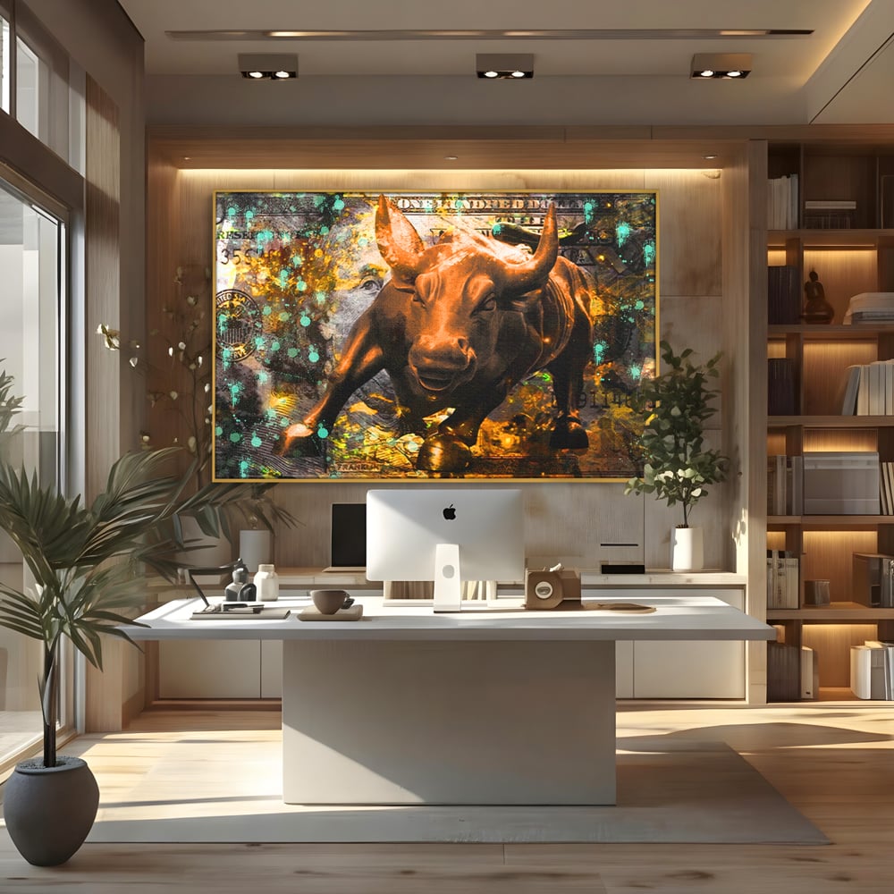 Tablou Canvas Premium LuxCanva® B1096, Dollar Bull , Birou, Taur, Bancnota, Dolar, Bar, Culori Vibrante