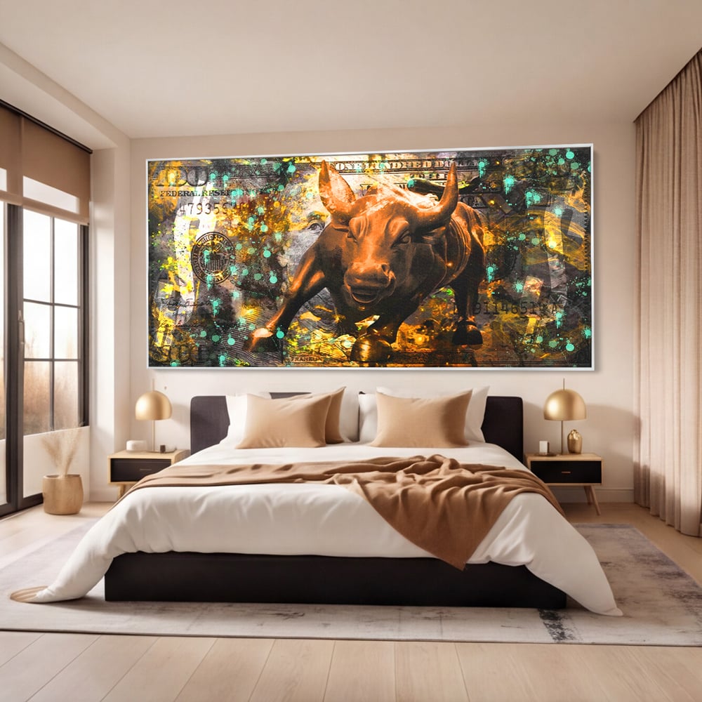 Tablou Canvas Premium LuxCanva® B1096, Dollar Bull , Birou, Taur, Bancnota, Dolar, Bar, Culori Vibrante