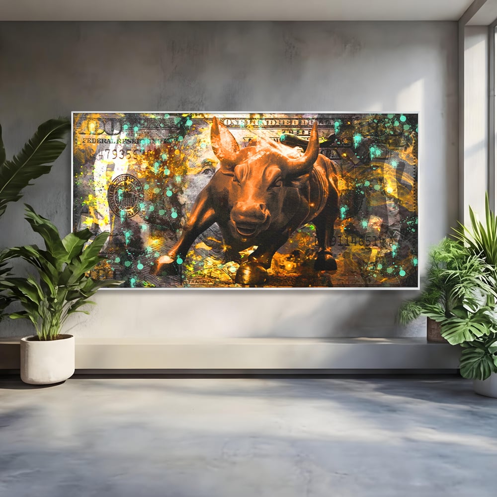 Tablou Canvas Premium LuxCanva® B1096, Dollar Bull , Birou, Taur, Bancnota, Dolar, Bar, Culori Vibrante