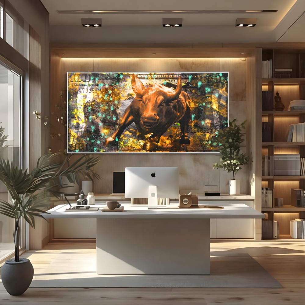 Tablou Canvas Premium LuxCanva® B1096, Dollar Bull , Birou, Taur, Bancnota, Dolar, Bar, Culori Vibrante