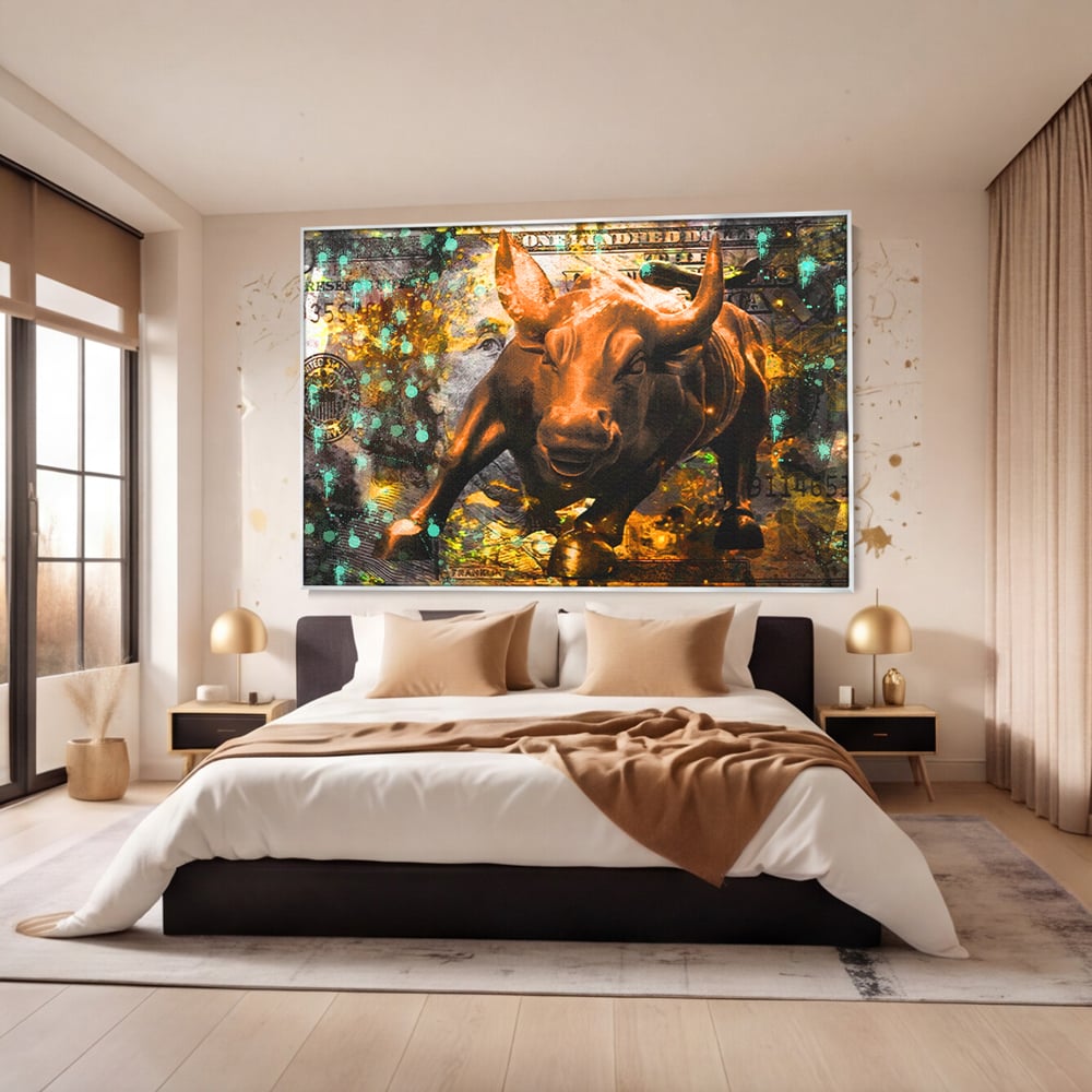Tablou Canvas Premium LuxCanva® B1096, Dollar Bull , Birou, Taur, Bancnota, Dolar, Bar, Culori Vibrante