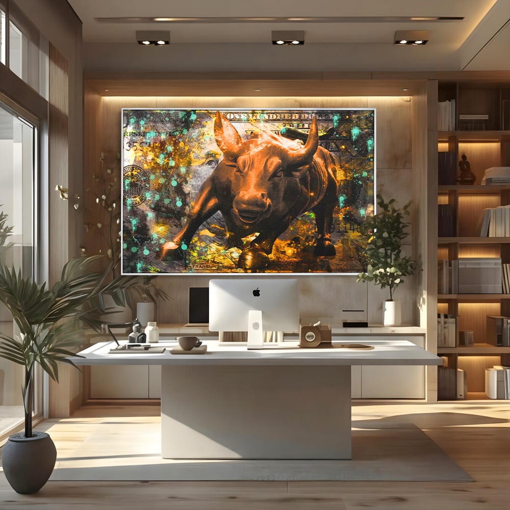 Tablou Canvas Premium LuxCanva® B1096, Dollar Bull , Birou, Taur, Bancnota, Dolar, Bar, Culori Vibrante