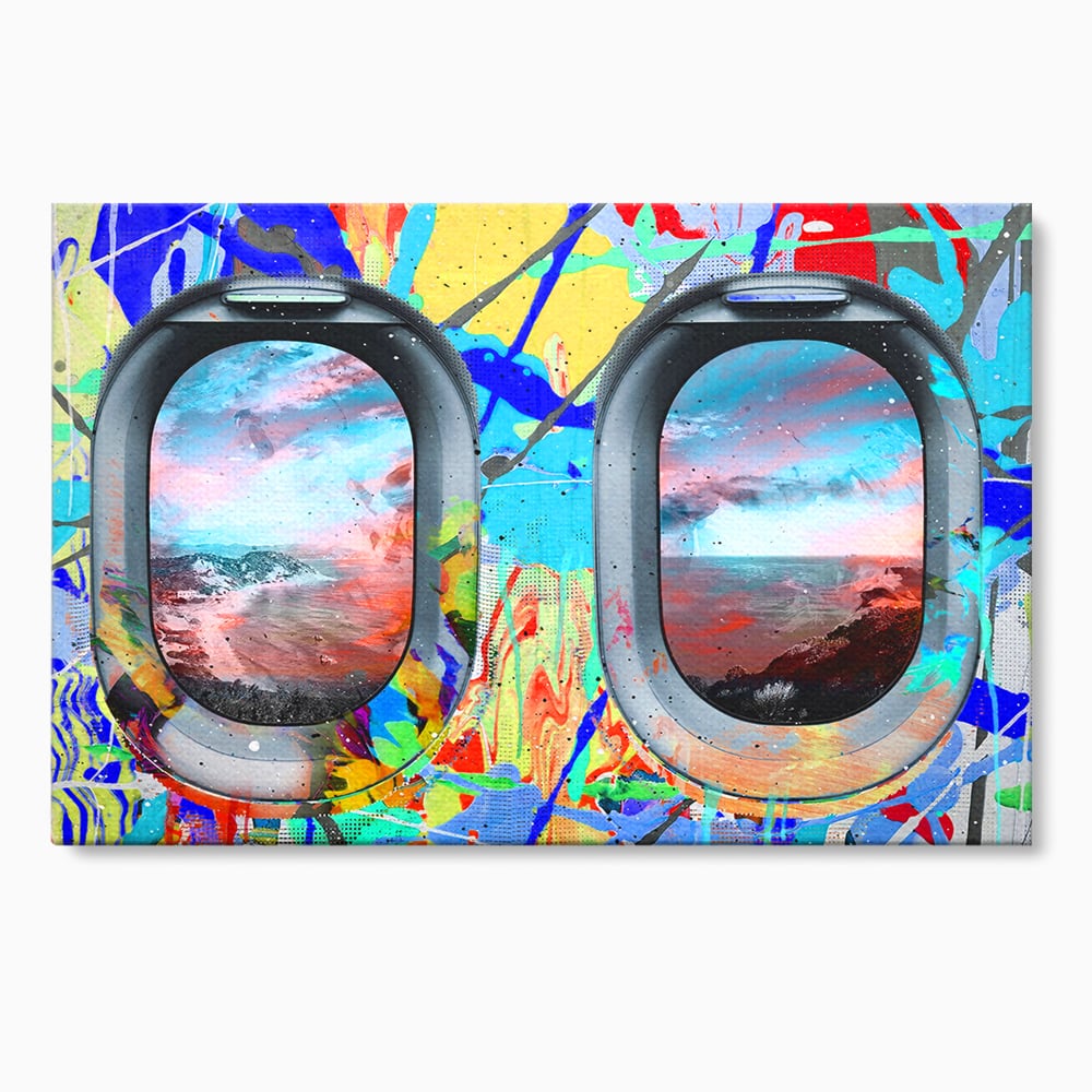 Leinwandbilder Premium-Leinwandkunst LuxCanva® B1097, Graffiti Flugzeug Fenster, Büro, Reisen, Flugzeug, Urlaub, Himmel, Wolken, leuchtende Farben