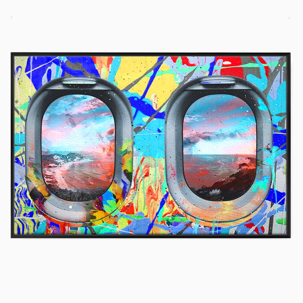 Leinwandbilder Premium-Leinwandkunst LuxCanva® B1097, Graffiti Flugzeug Fenster, Büro, Reisen, Flugzeug, Urlaub, Himmel, Wolken, leuchtende Farben