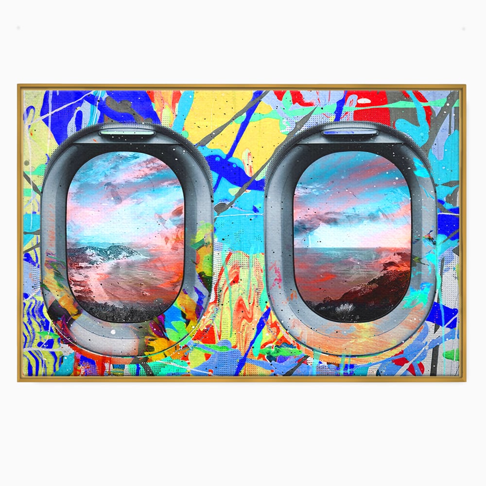 Leinwandbilder Premium-Leinwandkunst LuxCanva® B1097, Graffiti Flugzeug Fenster, Büro, Reisen, Flugzeug, Urlaub, Himmel, Wolken, leuchtende Farben