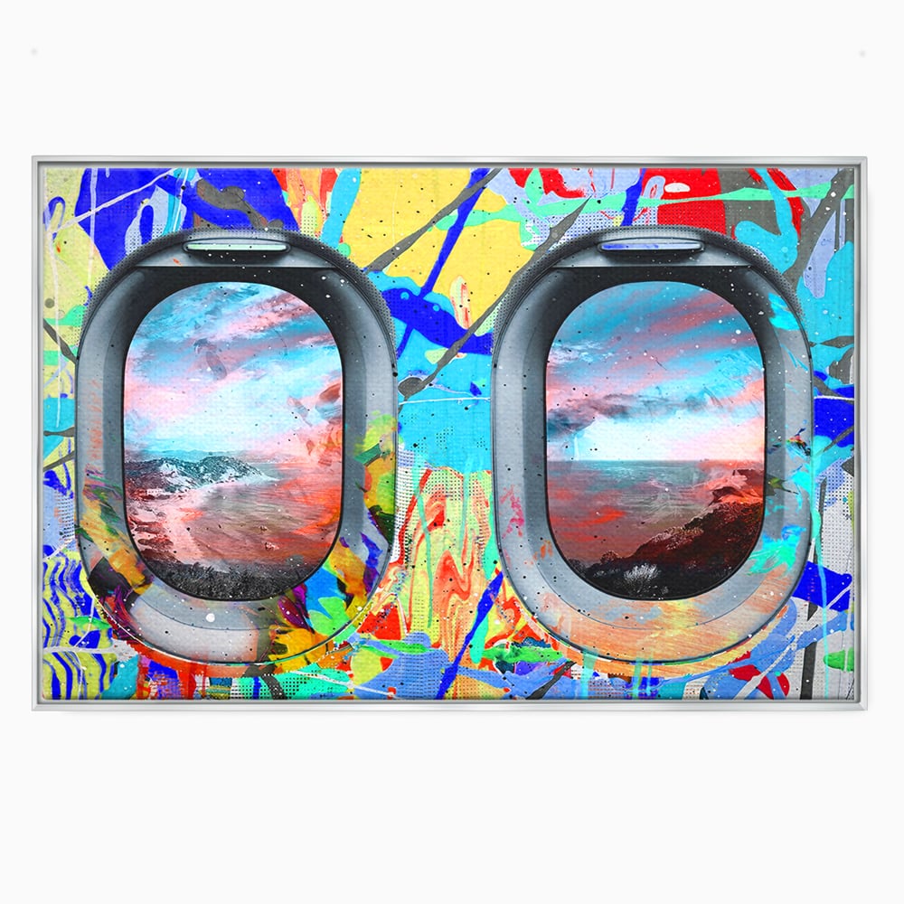 Leinwandbilder Premium-Leinwandkunst LuxCanva® B1097, Graffiti Flugzeug Fenster, Büro, Reisen, Flugzeug, Urlaub, Himmel, Wolken, leuchtende Farben
