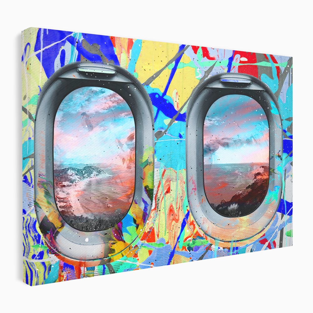 Leinwandbilder Premium-Leinwandkunst LuxCanva® B1097, Graffiti Flugzeug Fenster, Büro, Reisen, Flugzeug, Urlaub, Himmel, Wolken, leuchtende Farben