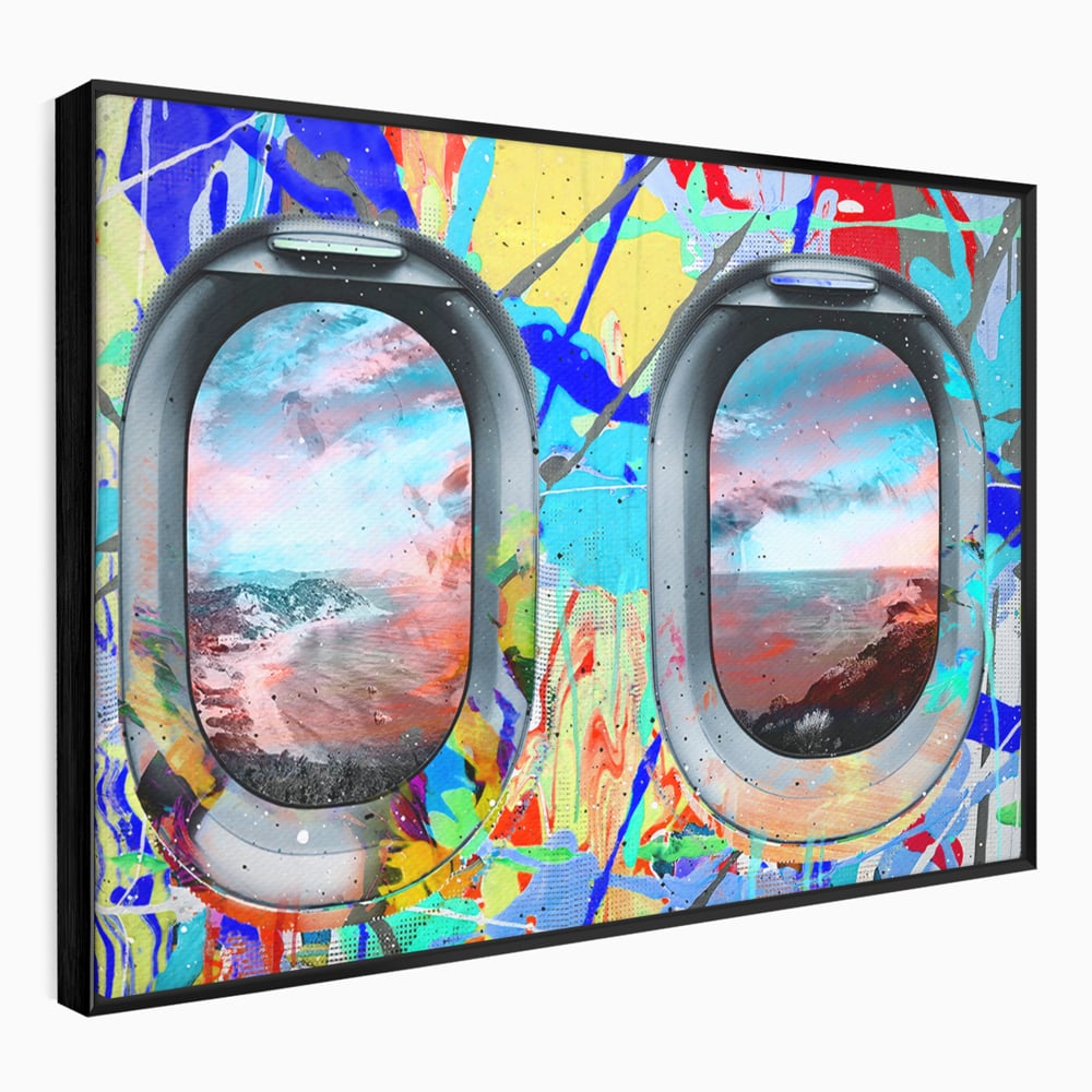 Leinwandbilder Premium-Leinwandkunst LuxCanva® B1097, Graffiti Flugzeug Fenster, Büro, Reisen, Flugzeug, Urlaub, Himmel, Wolken, leuchtende Farben