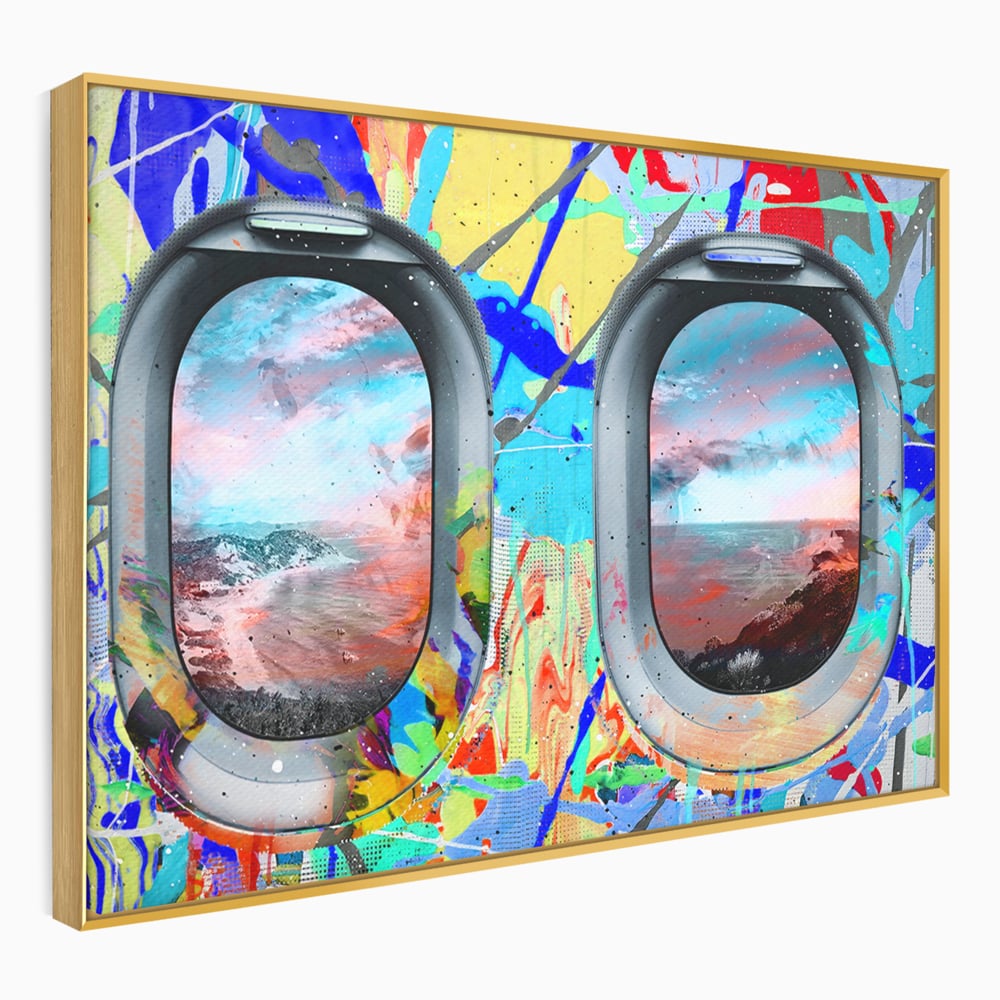 Leinwandbilder Premium-Leinwandkunst LuxCanva® B1097, Graffiti Flugzeug Fenster, Büro, Reisen, Flugzeug, Urlaub, Himmel, Wolken, leuchtende Farben