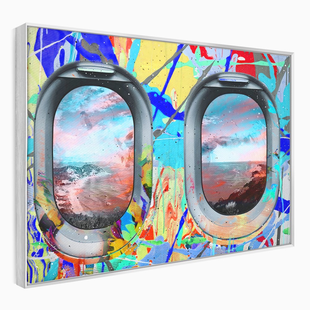 Leinwandbilder Premium-Leinwandkunst LuxCanva® B1097, Graffiti Flugzeug Fenster, Büro, Reisen, Flugzeug, Urlaub, Himmel, Wolken, leuchtende Farben