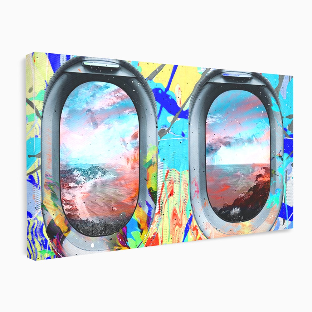 Leinwandbilder Premium-Leinwandkunst LuxCanva® B1097, Graffiti Flugzeug Fenster, Büro, Reisen, Flugzeug, Urlaub, Himmel, Wolken, leuchtende Farben