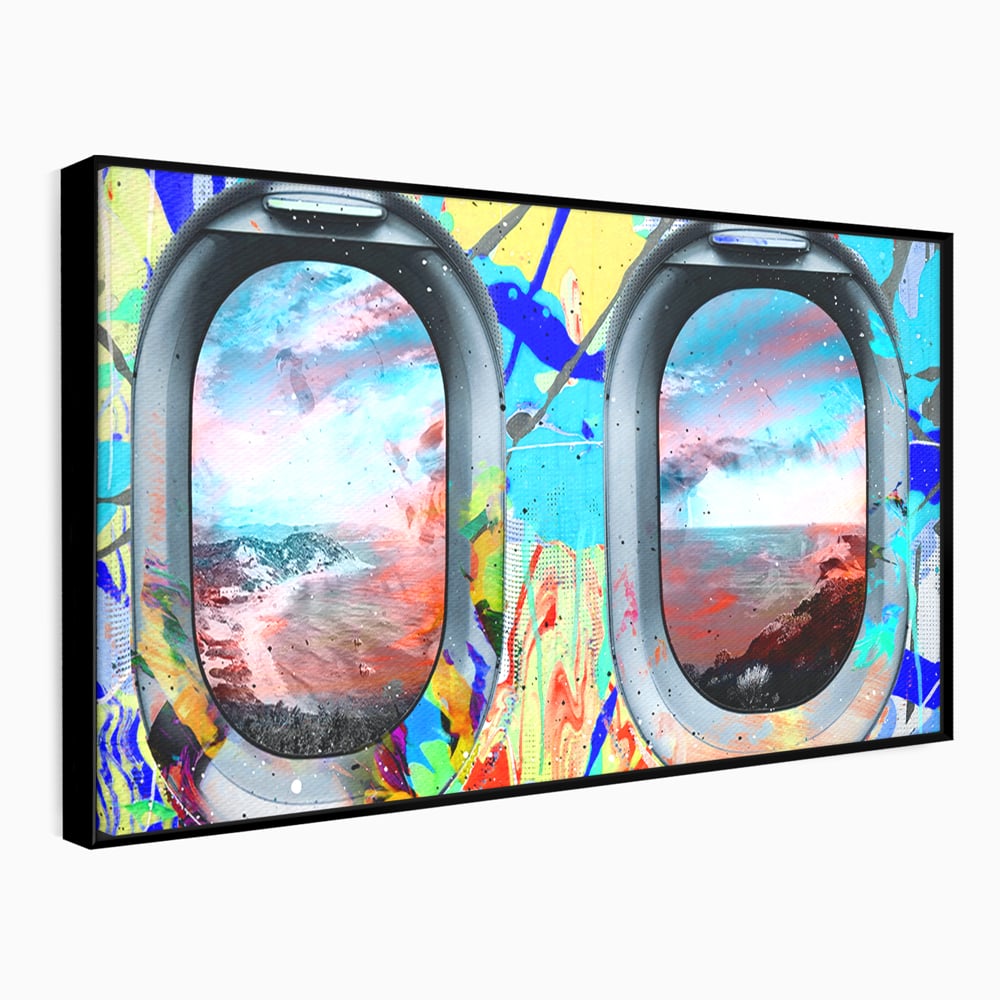 Leinwandbilder Premium-Leinwandkunst LuxCanva® B1097, Graffiti Flugzeug Fenster, Büro, Reisen, Flugzeug, Urlaub, Himmel, Wolken, leuchtende Farben