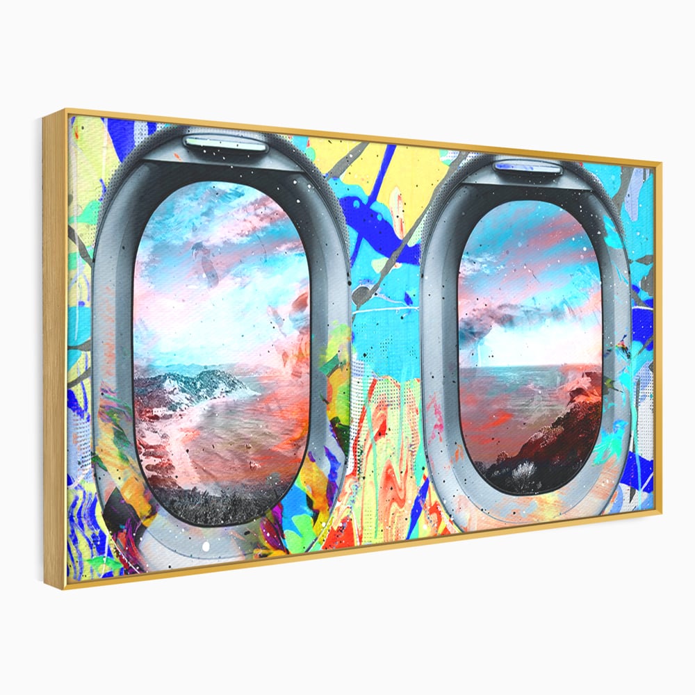 Leinwandbilder Premium-Leinwandkunst LuxCanva® B1097, Graffiti Flugzeug Fenster, Büro, Reisen, Flugzeug, Urlaub, Himmel, Wolken, leuchtende Farben