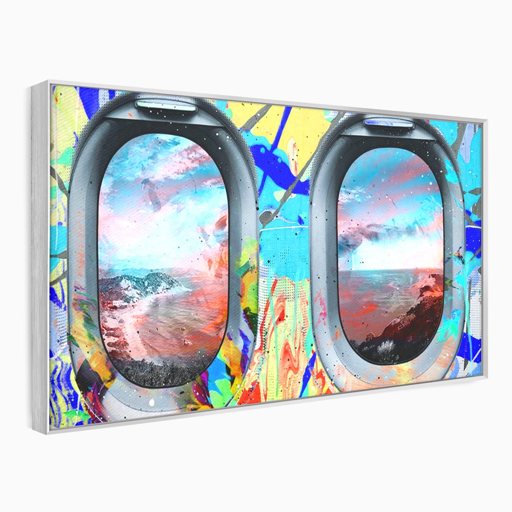 Leinwandbilder Premium-Leinwandkunst LuxCanva® B1097, Graffiti Flugzeug Fenster, Büro, Reisen, Flugzeug, Urlaub, Himmel, Wolken, leuchtende Farben