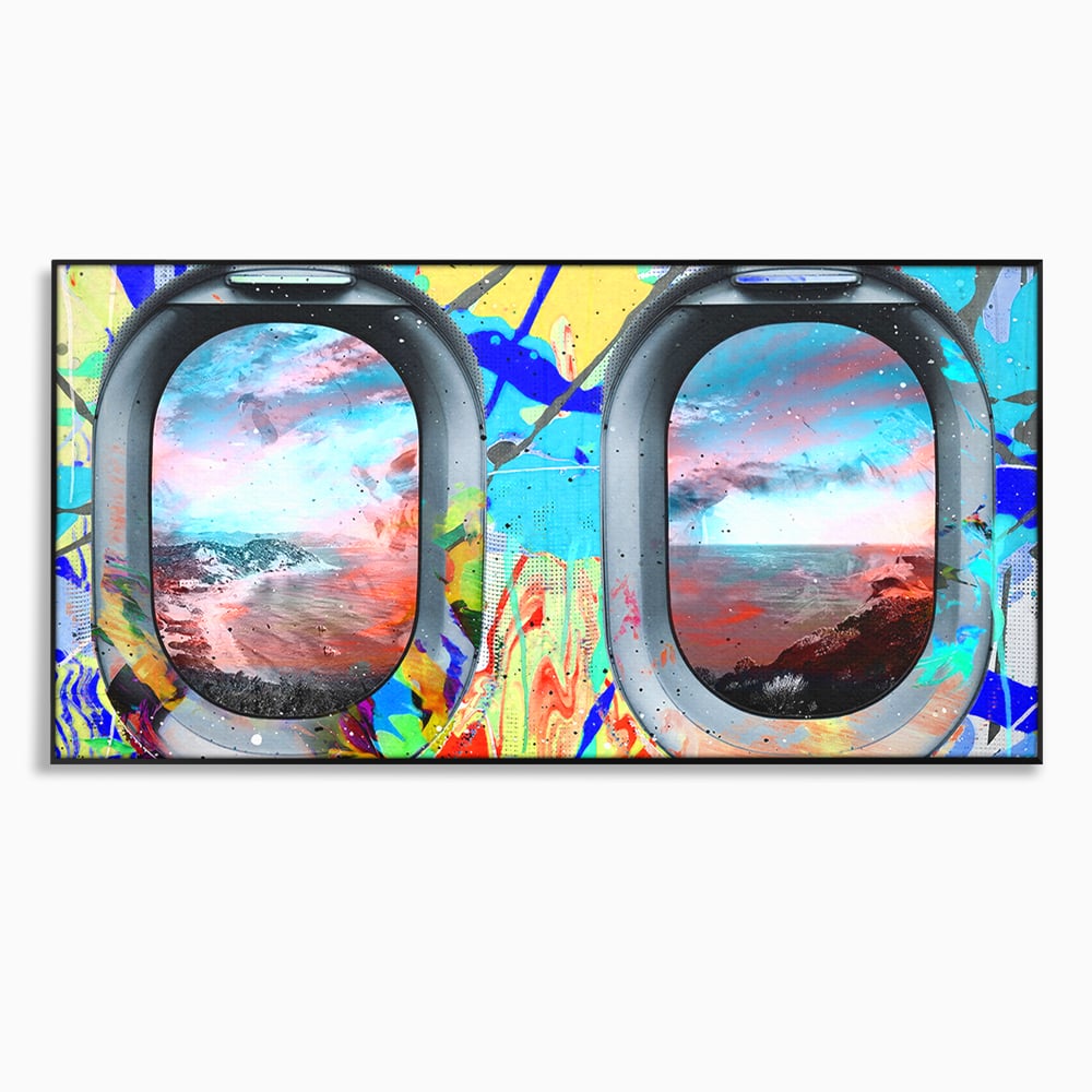 Leinwandbilder Premium-Leinwandkunst LuxCanva® B1097, Graffiti Flugzeug Fenster, Büro, Reisen, Flugzeug, Urlaub, Himmel, Wolken, leuchtende Farben