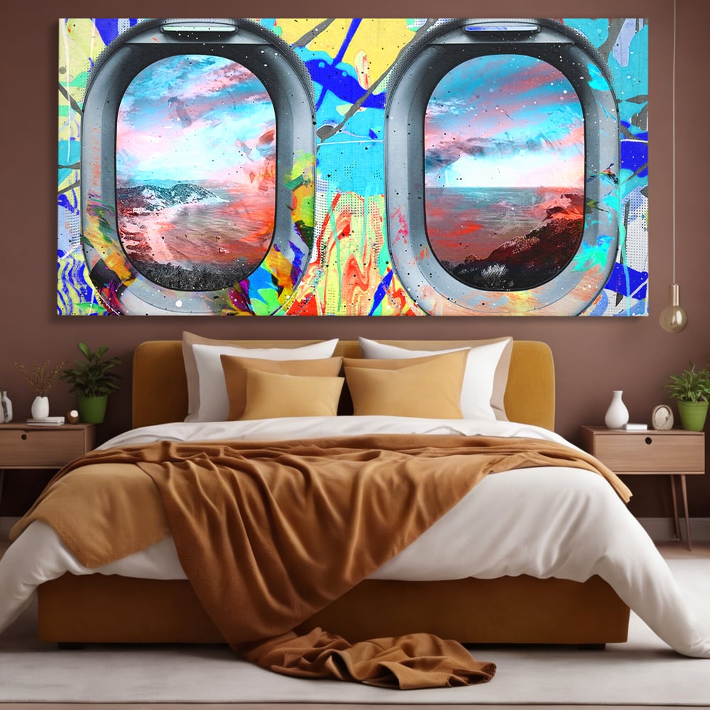 Leinwandbilder Premium-Leinwandkunst LuxCanva® B1097, Graffiti Flugzeug Fenster, Büro, Reisen, Flugzeug, Urlaub, Himmel, Wolken, leuchtende Farben