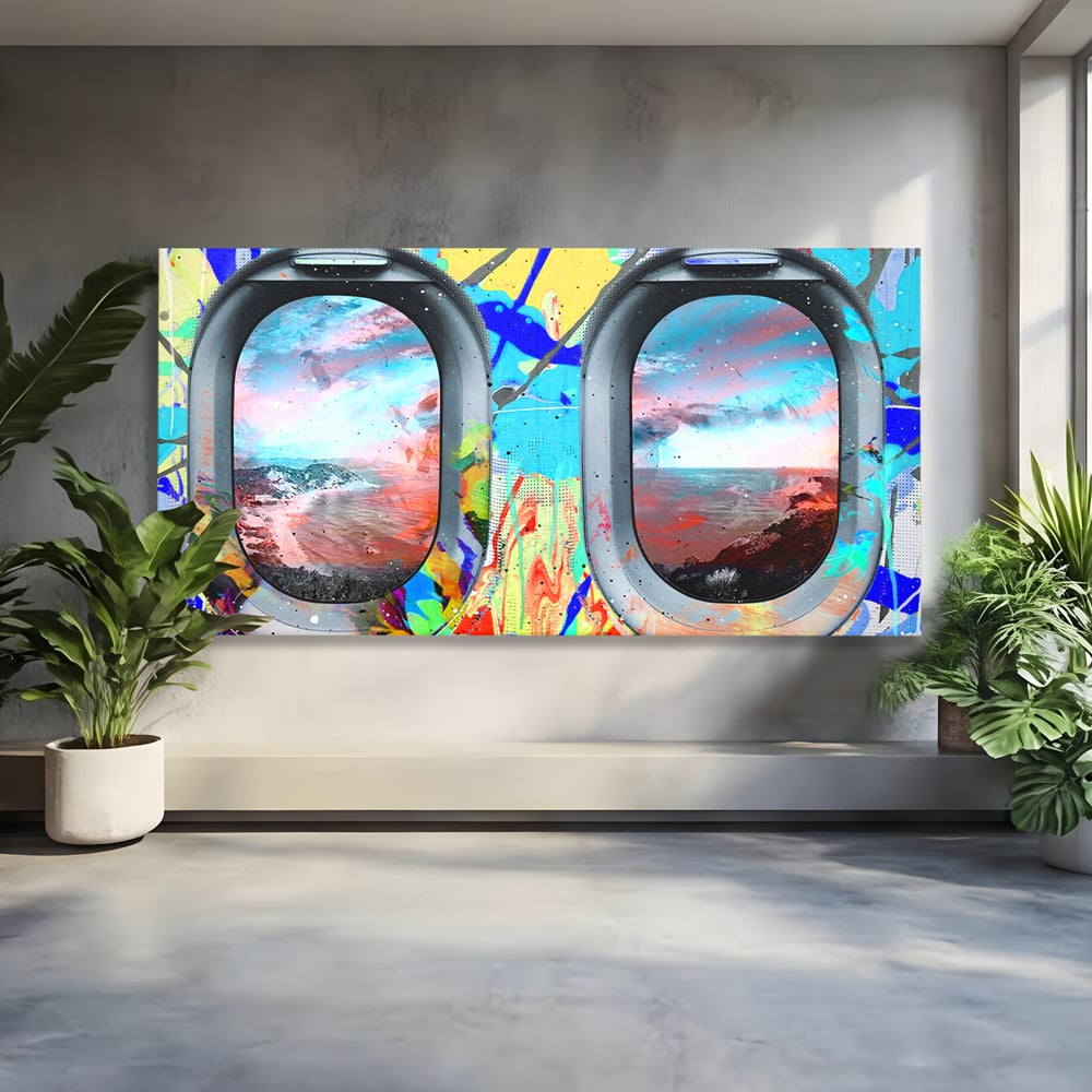 Leinwandbilder Premium-Leinwandkunst LuxCanva® B1097, Graffiti Flugzeug Fenster, Büro, Reisen, Flugzeug, Urlaub, Himmel, Wolken, leuchtende Farben