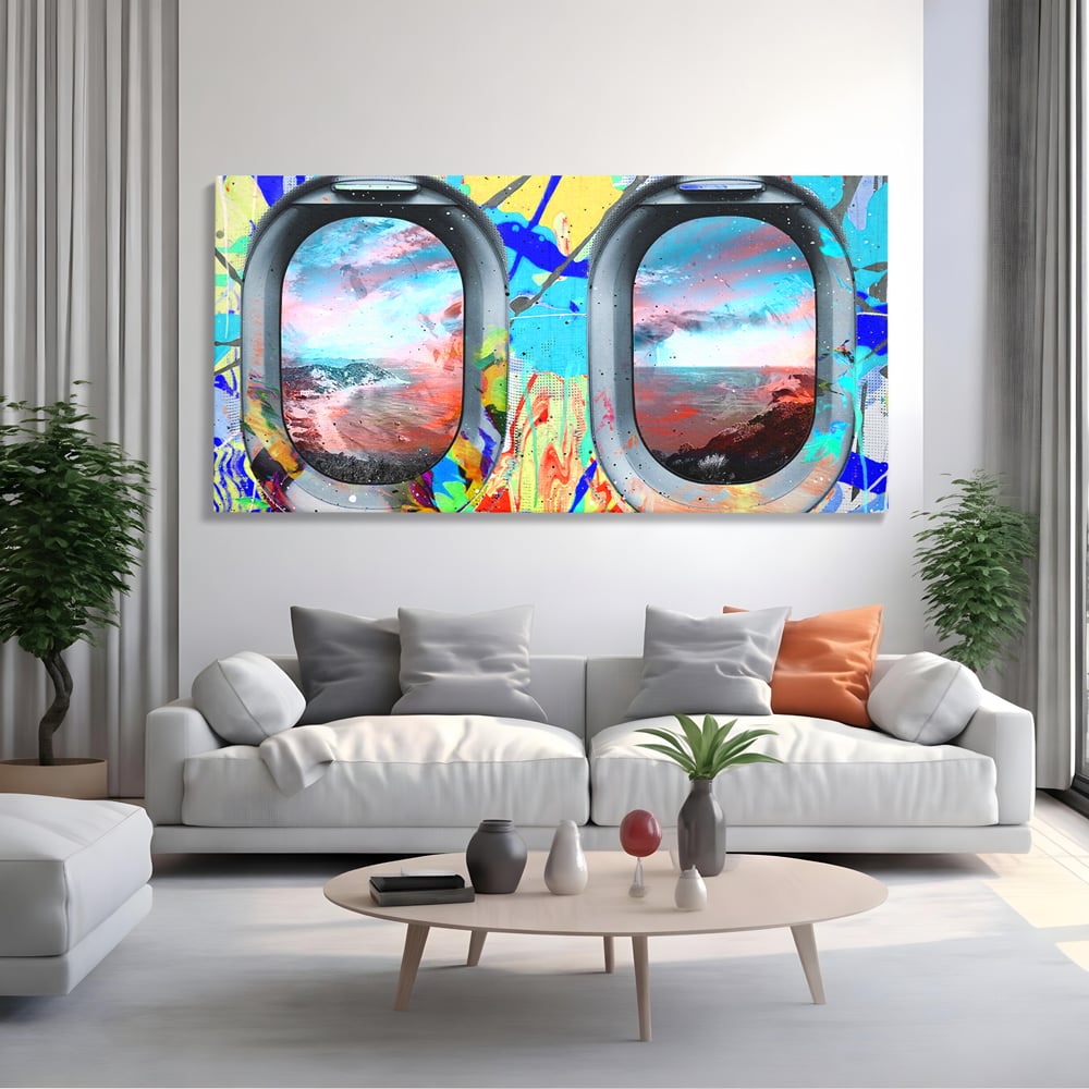 Leinwandbilder Premium-Leinwandkunst LuxCanva® B1097, Graffiti Flugzeug Fenster, Büro, Reisen, Flugzeug, Urlaub, Himmel, Wolken, leuchtende Farben