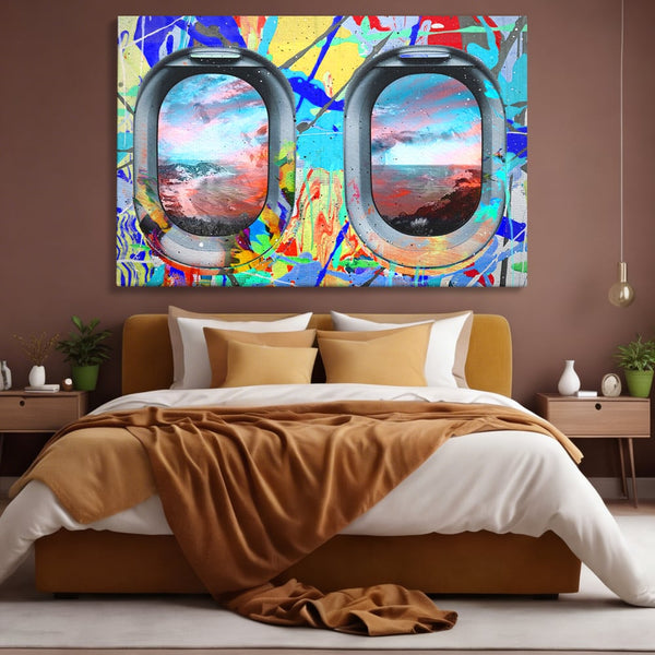 Leinwandbilder Premium-Leinwandkunst LuxCanva® B1097, Graffiti Flugzeug Fenster, Büro, Reisen, Flugzeug, Urlaub, Himmel, Wolken, leuchtende Farben
