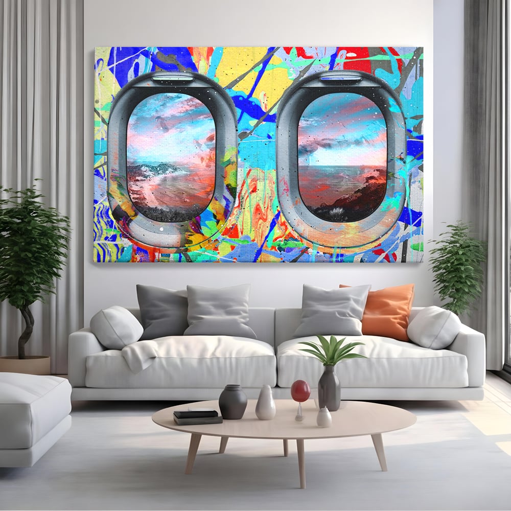 Leinwandbilder Premium-Leinwandkunst LuxCanva® B1097, Graffiti Flugzeug Fenster, Büro, Reisen, Flugzeug, Urlaub, Himmel, Wolken, leuchtende Farben