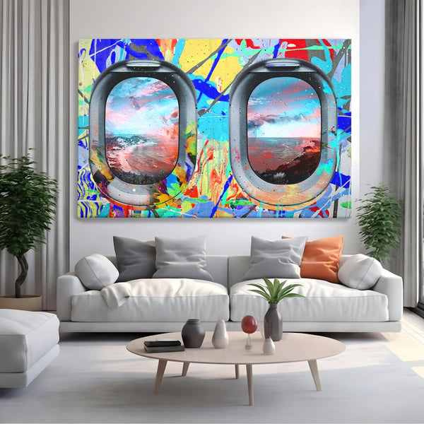Leinwandbilder Premium-Leinwandkunst LuxCanva® B1097, Graffiti Flugzeug Fenster, Büro, Reisen, Flugzeug, Urlaub, Himmel, Wolken, leuchtende Farben
