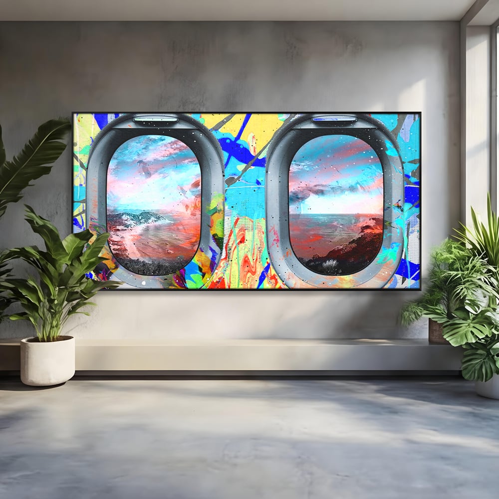 Leinwandbilder Premium-Leinwandkunst LuxCanva® B1097, Graffiti Flugzeug Fenster, Büro, Reisen, Flugzeug, Urlaub, Himmel, Wolken, leuchtende Farben