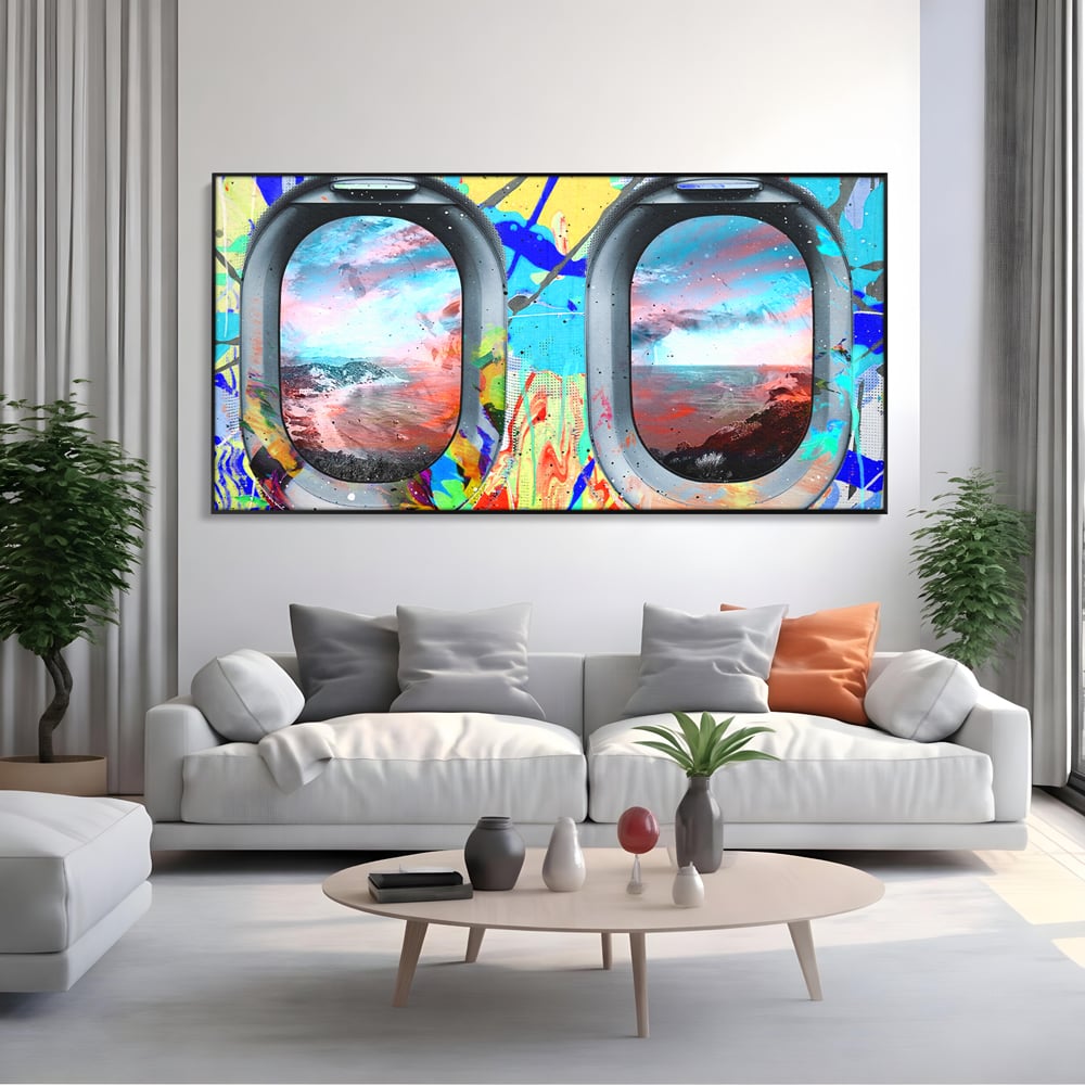 Leinwandbilder Premium-Leinwandkunst LuxCanva® B1097, Graffiti Flugzeug Fenster, Büro, Reisen, Flugzeug, Urlaub, Himmel, Wolken, leuchtende Farben
