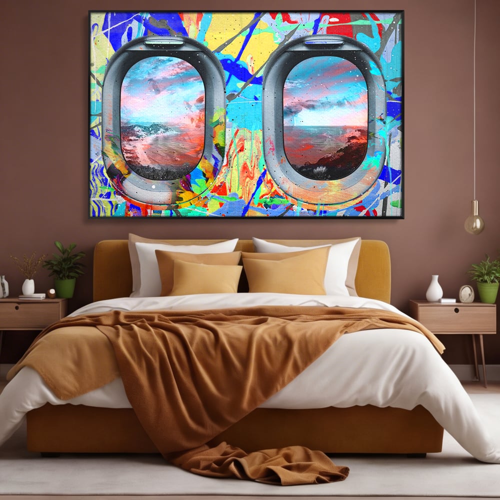 Leinwandbilder Premium-Leinwandkunst LuxCanva® B1097, Graffiti Flugzeug Fenster, Büro, Reisen, Flugzeug, Urlaub, Himmel, Wolken, leuchtende Farben