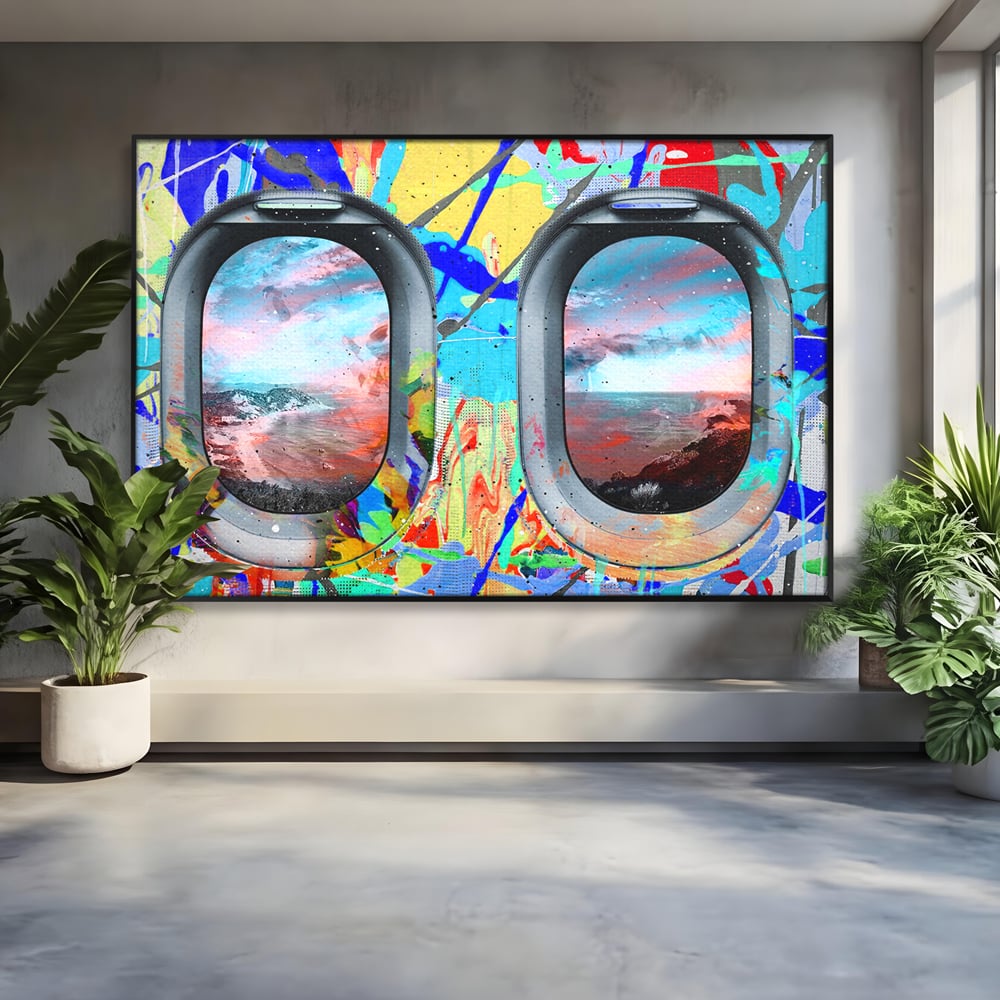 Leinwandbilder Premium-Leinwandkunst LuxCanva® B1097, Graffiti Flugzeug Fenster, Büro, Reisen, Flugzeug, Urlaub, Himmel, Wolken, leuchtende Farben