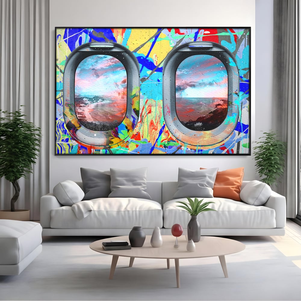 Leinwandbilder Premium-Leinwandkunst LuxCanva® B1097, Graffiti Flugzeug Fenster, Büro, Reisen, Flugzeug, Urlaub, Himmel, Wolken, leuchtende Farben
