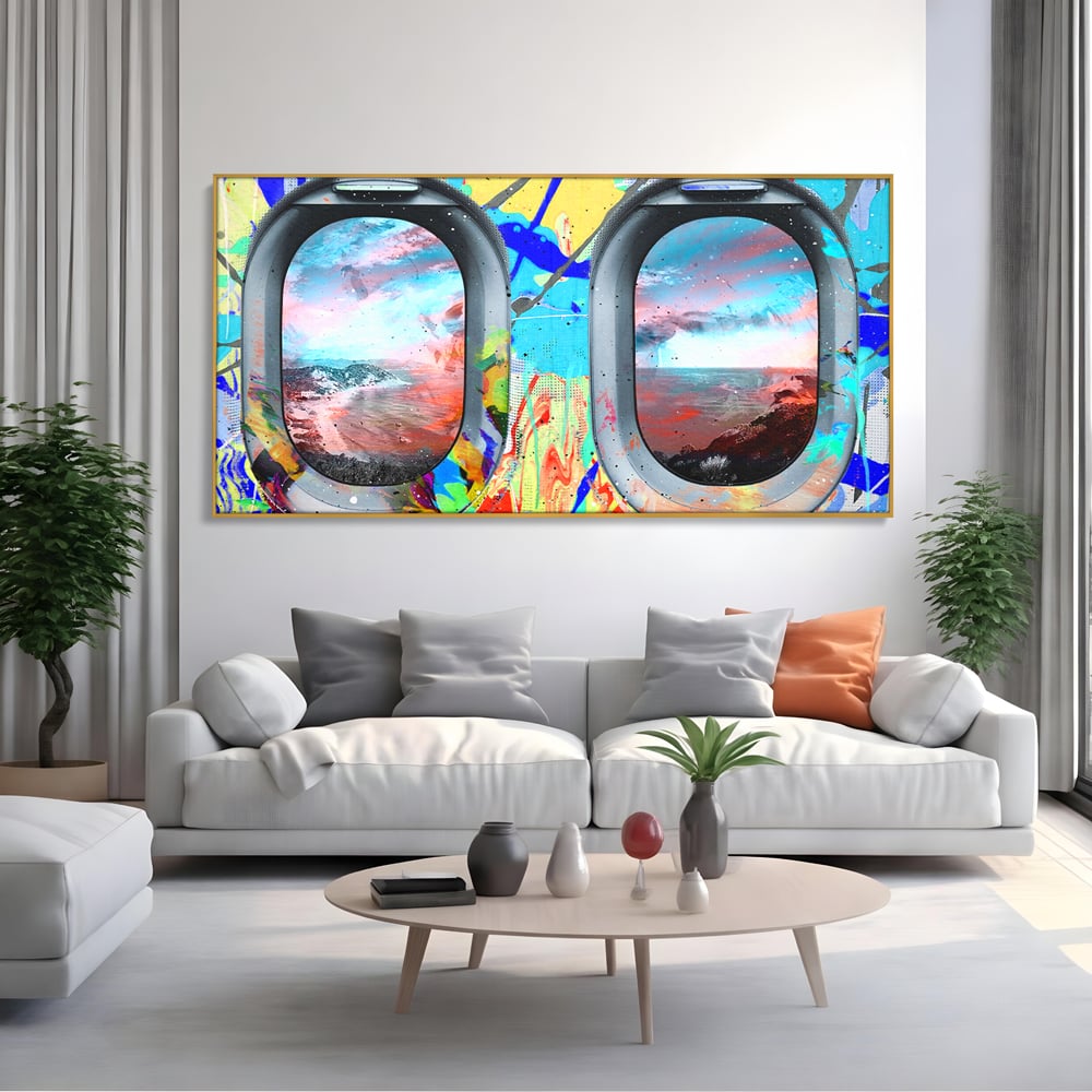 Leinwandbilder Premium-Leinwandkunst LuxCanva® B1097, Graffiti Flugzeug Fenster, Büro, Reisen, Flugzeug, Urlaub, Himmel, Wolken, leuchtende Farben