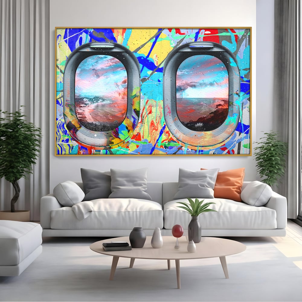Leinwandbilder Premium-Leinwandkunst LuxCanva® B1097, Graffiti Flugzeug Fenster, Büro, Reisen, Flugzeug, Urlaub, Himmel, Wolken, leuchtende Farben