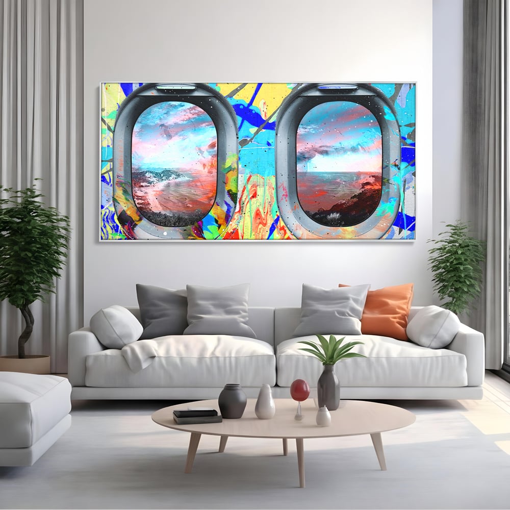 Leinwandbilder Premium-Leinwandkunst LuxCanva® B1097, Graffiti Flugzeug Fenster, Büro, Reisen, Flugzeug, Urlaub, Himmel, Wolken, leuchtende Farben