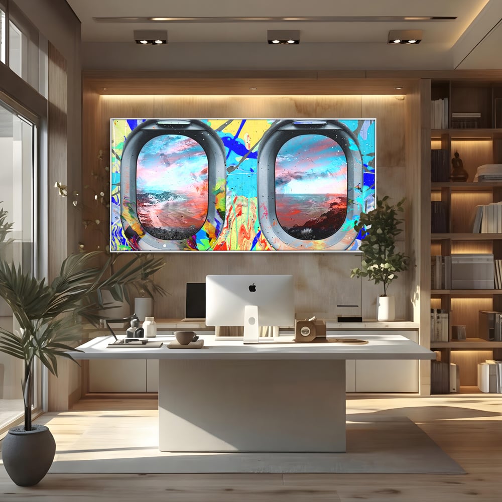 Leinwandbilder Premium-Leinwandkunst LuxCanva® B1097, Graffiti Flugzeug Fenster, Büro, Reisen, Flugzeug, Urlaub, Himmel, Wolken, leuchtende Farben