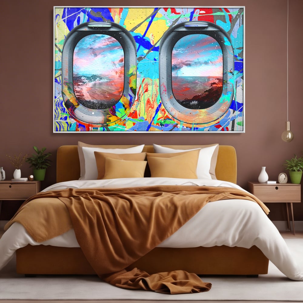 Leinwandbilder Premium-Leinwandkunst LuxCanva® B1097, Graffiti Flugzeug Fenster, Büro, Reisen, Flugzeug, Urlaub, Himmel, Wolken, leuchtende Farben