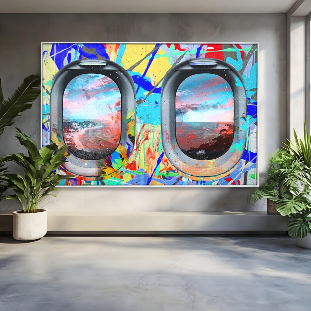 Leinwandbilder Premium-Leinwandkunst LuxCanva® B1097, Graffiti Flugzeug Fenster, Büro, Reisen, Flugzeug, Urlaub, Himmel, Wolken, leuchtende Farben