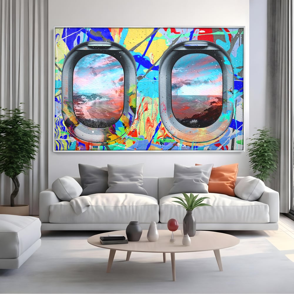Leinwandbilder Premium-Leinwandkunst LuxCanva® B1097, Graffiti Flugzeug Fenster, Büro, Reisen, Flugzeug, Urlaub, Himmel, Wolken, leuchtende Farben