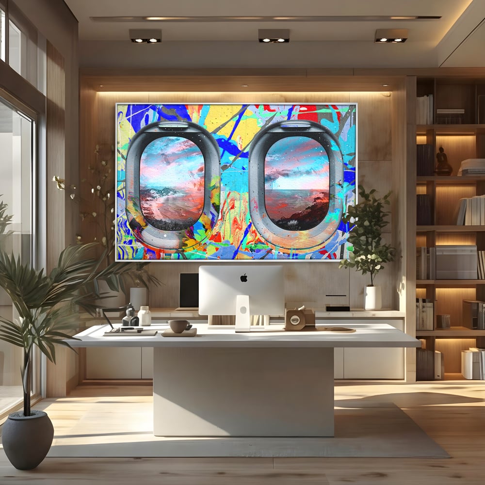 Leinwandbilder Premium-Leinwandkunst LuxCanva® B1097, Graffiti Flugzeug Fenster, Büro, Reisen, Flugzeug, Urlaub, Himmel, Wolken, leuchtende Farben