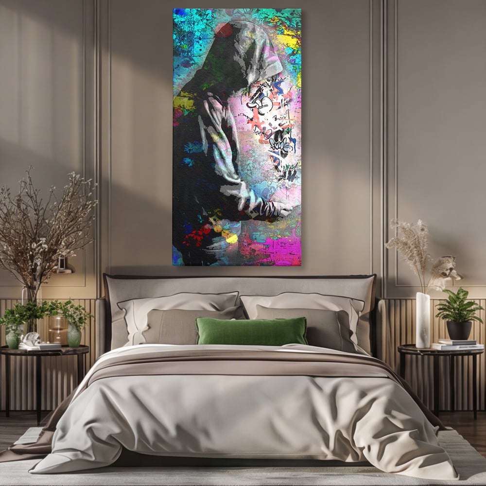 Tablou Canvas Premium LuxCanva® B1101, Grafitti Boy , Dormitor, Tanar, Baiat, Telefon, Mesaje, Living, Culori Vibrante