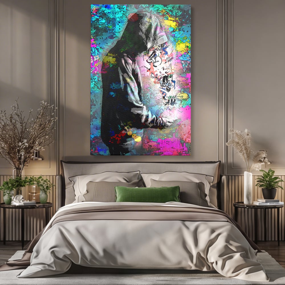 Tablou Canvas Premium LuxCanva® B1101, Grafitti Boy , Dormitor, Tanar, Baiat, Telefon, Mesaje, Living, Culori Vibrante