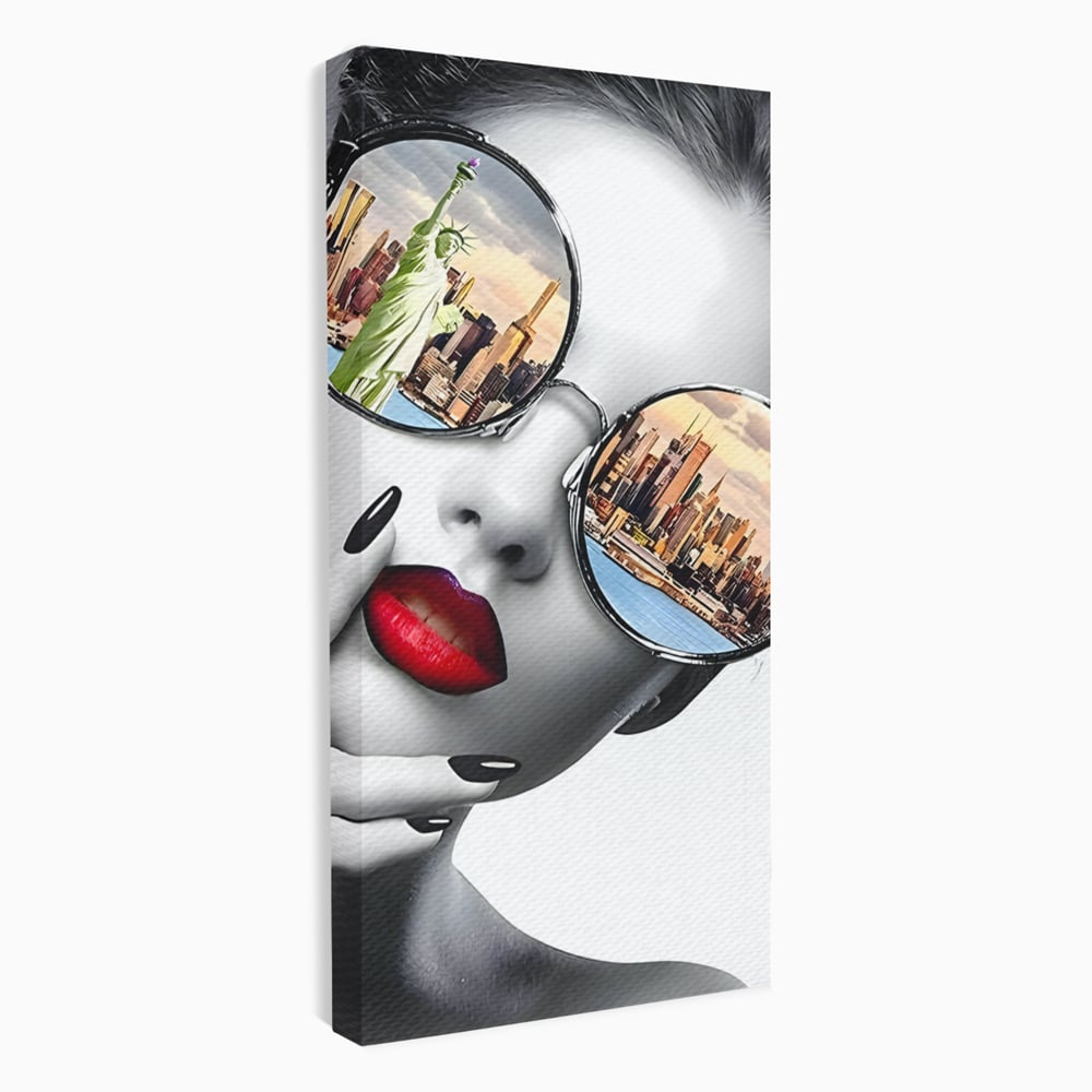 Tablou Canvas Premium LuxCanva® B1103, Privind Spre New York , Birou, America, Statuia Libertatii, Dormitor, Vacanta, Ochelari, Zgarie Nori, Culori Vibrante