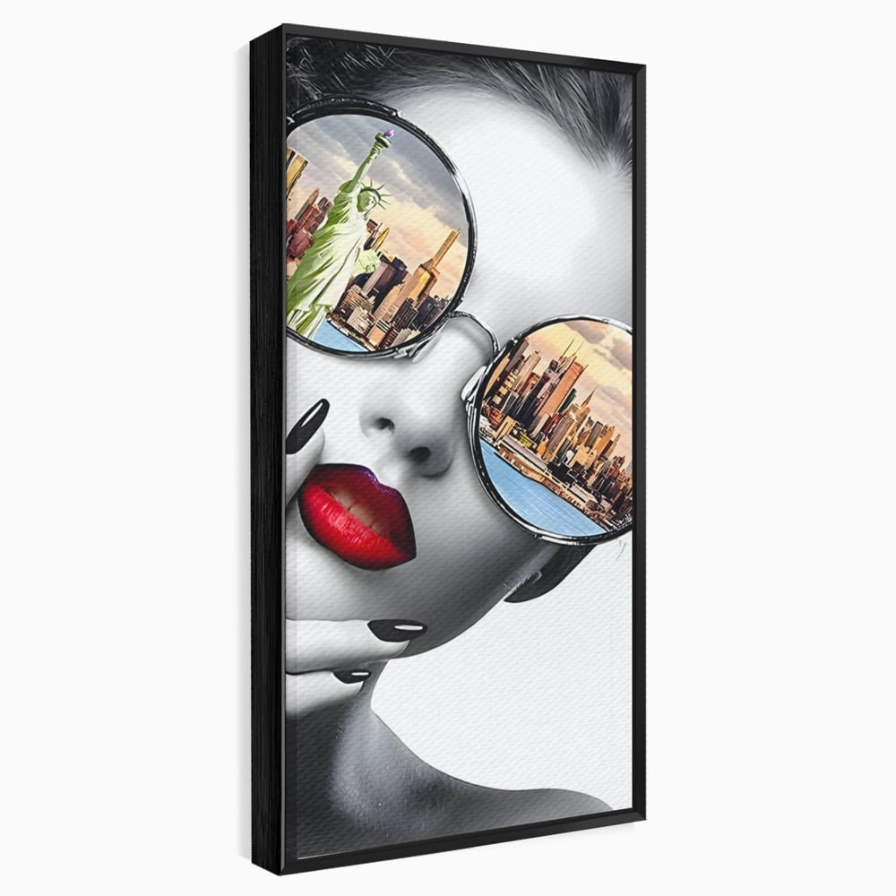 Tablou Canvas Premium LuxCanva® B1103, Privind Spre New York , Birou, America, Statuia Libertatii, Dormitor, Vacanta, Ochelari, Zgarie Nori, Culori Vibrante