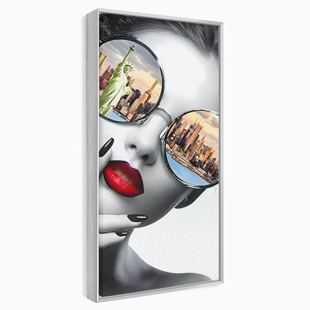 Tablou Canvas Premium LuxCanva® B1103, Privind Spre New York , Birou, America, Statuia Libertatii, Dormitor, Vacanta, Ochelari, Zgarie Nori, Culori Vibrante