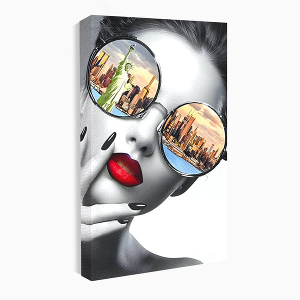 Tablou Canvas Premium LuxCanva® B1103, Privind Spre New York , Birou, America, Statuia Libertatii, Dormitor, Vacanta, Ochelari, Zgarie Nori, Culori Vibrante