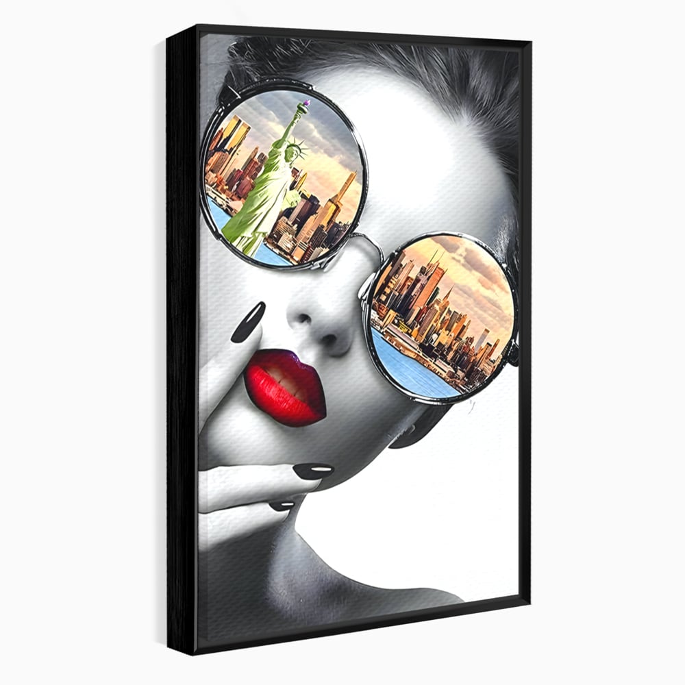 Tablou Canvas Premium LuxCanva® B1103, Privind Spre New York , Birou, America, Statuia Libertatii, Dormitor, Vacanta, Ochelari, Zgarie Nori, Culori Vibrante