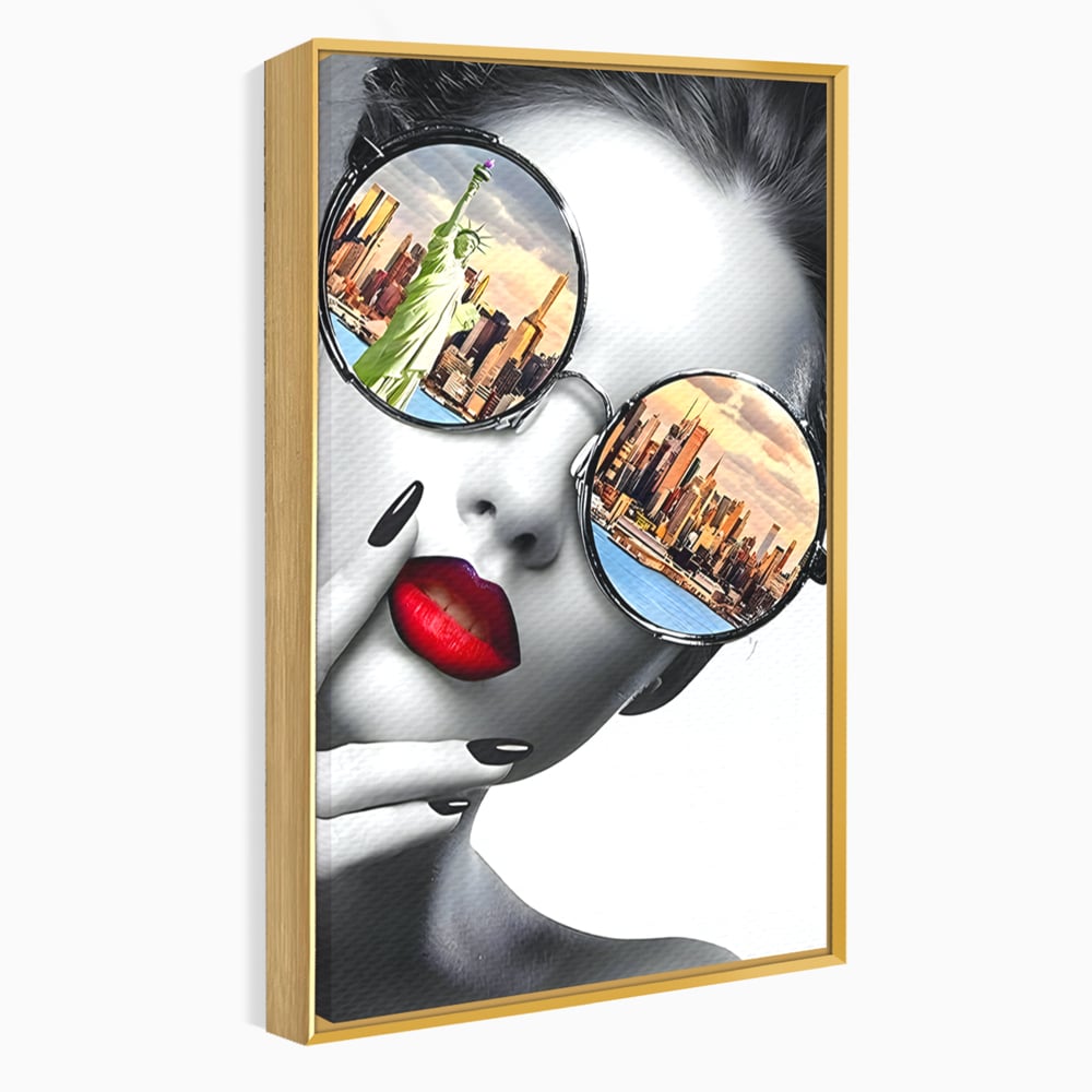 Tablou Canvas Premium LuxCanva® B1103, Privind Spre New York , Birou, America, Statuia Libertatii, Dormitor, Vacanta, Ochelari, Zgarie Nori, Culori Vibrante