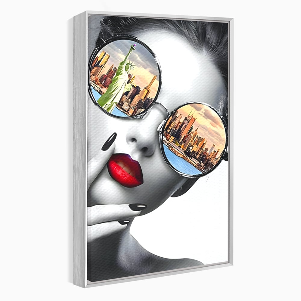 Tablou Canvas Premium LuxCanva® B1103, Privind Spre New York , Birou, America, Statuia Libertatii, Dormitor, Vacanta, Ochelari, Zgarie Nori, Culori Vibrante